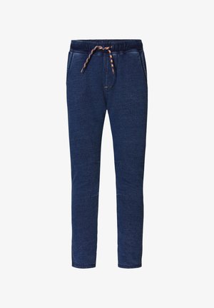 Marineblaue Strick-Jogginghose mit elastischem Bund, Kordelzug, Seitentaschen und abgesteppten Kniedetails.