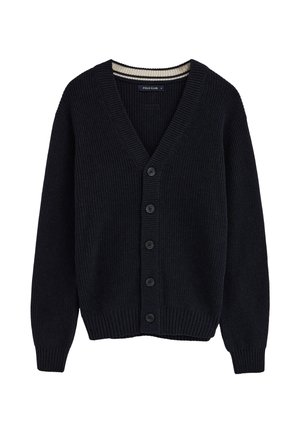 Sort strikket cardigan med lange ærmer, fem sorte knapper ned foran, ribbede manchetter, kant og V-hals krave.