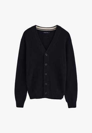 Sort strikket cardigan med lange ærmer, fem sorte knapper ned foran, ribbede manchetter, kant og V-hals krave.