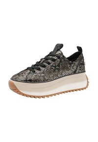 Sneaker chunky con tomaia in stampa rettile nera e beige, lacci neri, suola spessa beige e bianca, e suola esterna rigata marrone.