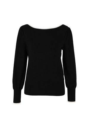 Pull noir avec un col large, des manches longues bouffantes et des poignets côtelés. Présente une bordure blanche en contraste le long du col. Matière douce.