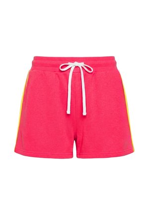 Shorts en éponge rose vif avec cordon blanc et rayures jaunes sur les côtés, coupe décontractée avec taille élastique.