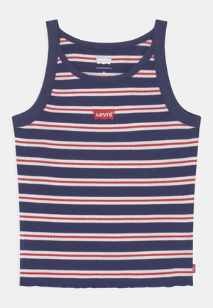 Débardeur côtelé bleu marine avec des rayures horizontales blanches et rouges et un petit logo rouge Levi's centré sur la poitrine.