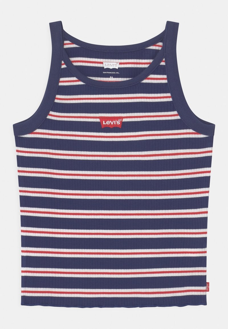 Débardeur côtelé bleu marine avec des rayures horizontales blanches et rouges et un petit logo rouge Levi's centré sur la poitrine.