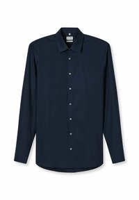 Diepblauw shirt met lange mouwen gemaakt van gladde stof, voorzien van een puntige kraag, zeven knopen en een afgeronde zoom.