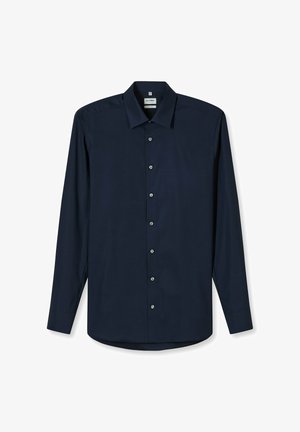 Marineblaues Langarmhemd aus glattem Stoff mit spitzem Kragen, sieben Knöpfen und einem abgerundeten Saum.