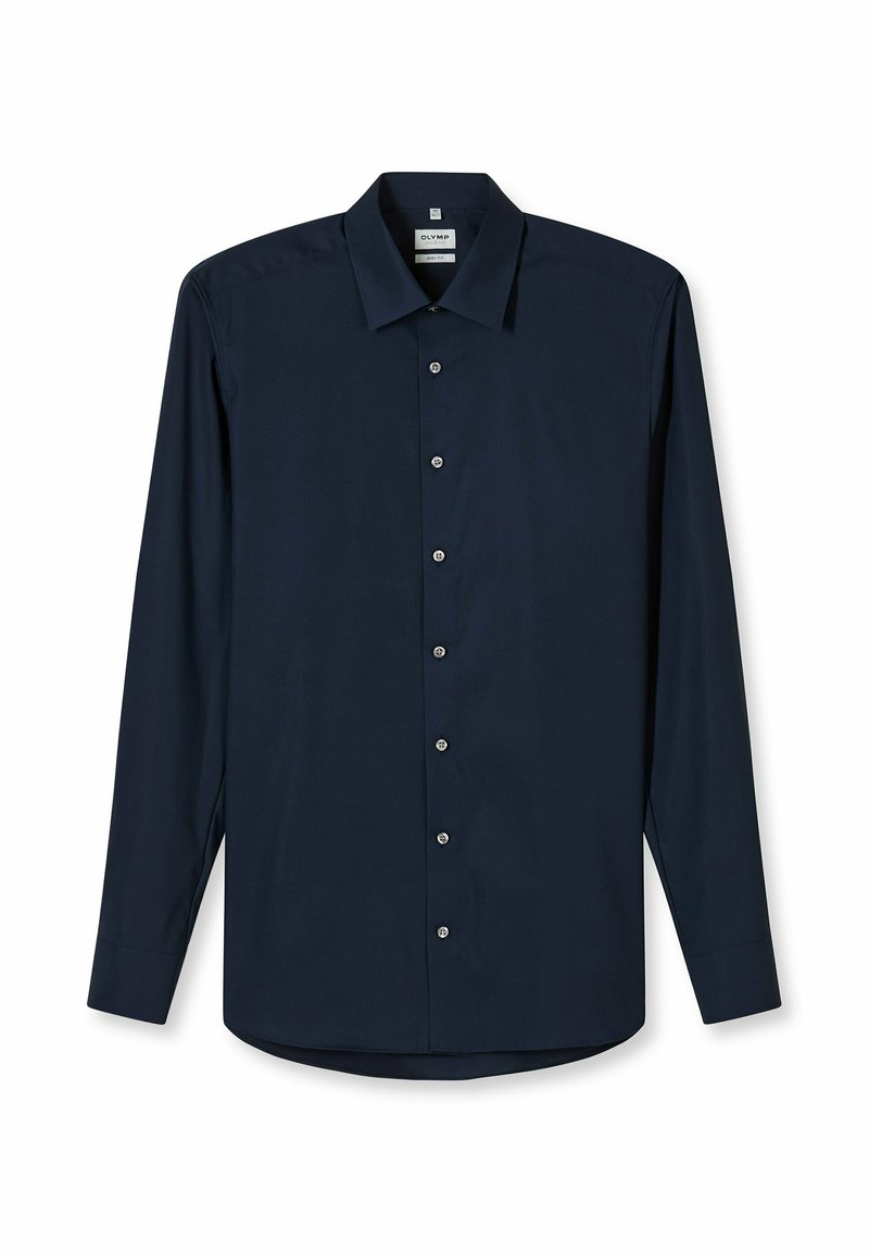 Diepblauw shirt met lange mouwen gemaakt van gladde stof, voorzien van een puntige kraag, zeven knopen en een afgeronde zoom.