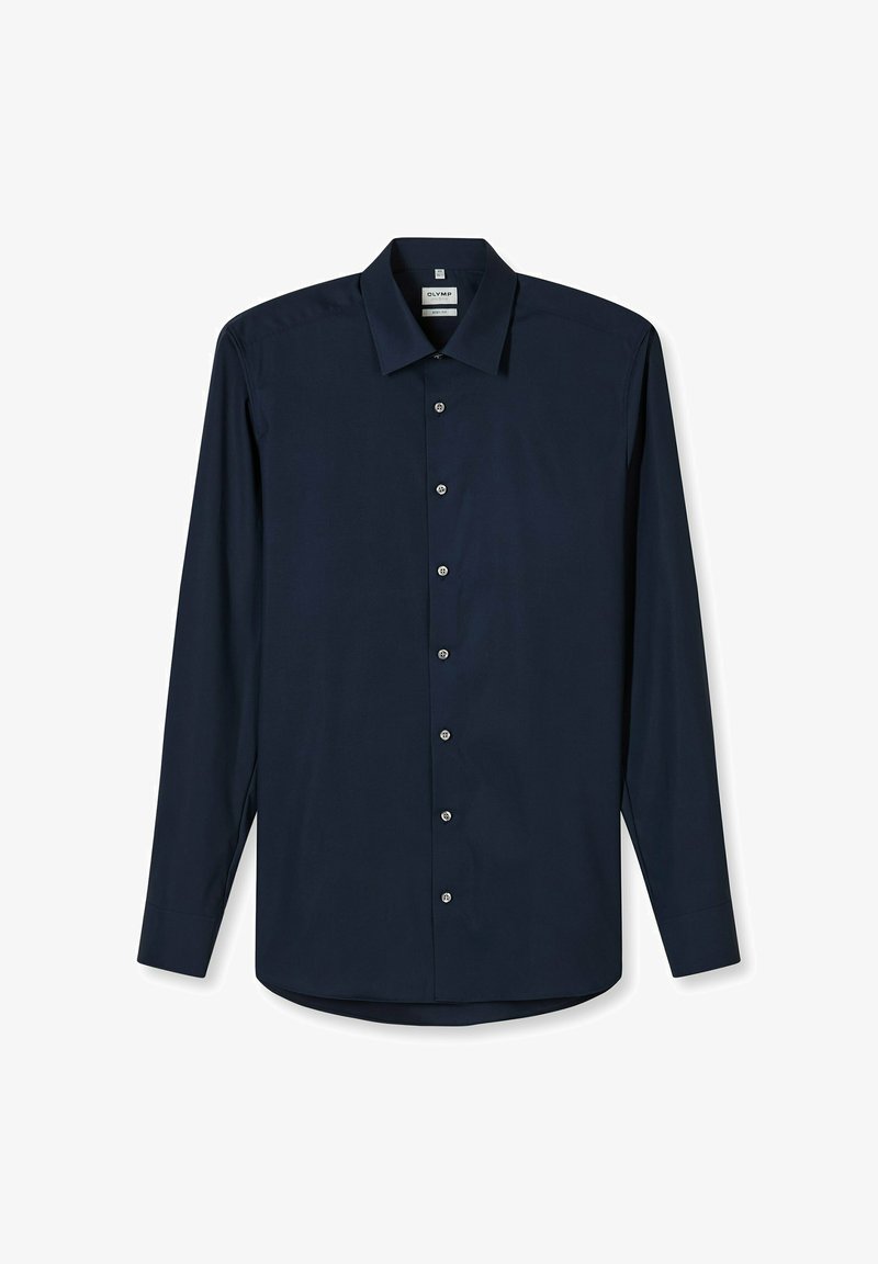 Diepblauw shirt met lange mouwen gemaakt van gladde stof, voorzien van een puntige kraag, zeven knopen en een afgeronde zoom.