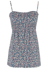 Robe d'été bleu marine sans manches avec fines bretelles, présentant un motif floral dense rose, blanc et vert ainsi qu'un détail froncé à la taille.