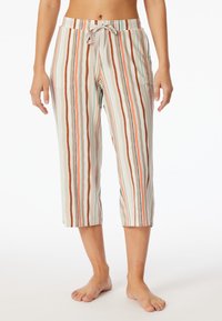 Pantaloni del pigiama a righe in tessuto leggero, con righe verticali in marrone, corallo e menta, dotati di una vita con cordoncino e una vestibilità cropped.