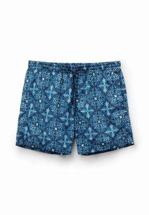 Blue patterned swim shorts with an elastic waistband, featuring intricate floral designs in various shades of blue and white.