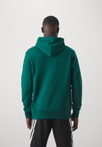 Sudadera verde con capucha, hecha de tejido texturizado, con un corte relajado y puños acanalados, mostrada desde la parte posterior sobre un fondo claro.