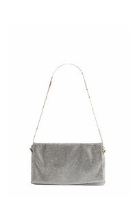 Borsa da sera argento con una superficie liscia, ricoperta di piccoli strass luccicanti. Presenta una tracolla regolabile e sottile.