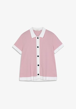 Short-sleeve pink knit top with a white collar and cuffs, featuring a button placket with black buttons and a relaxed fit.