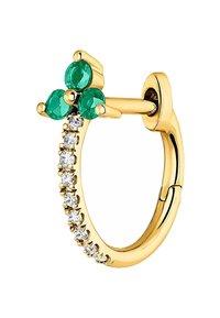 Pendientes de aro de oro que presentan tres piedras preciosas verdes en la parte superior y una fila de piedras transparentes a lo largo del borde inferior. Acabado suave y pulido.