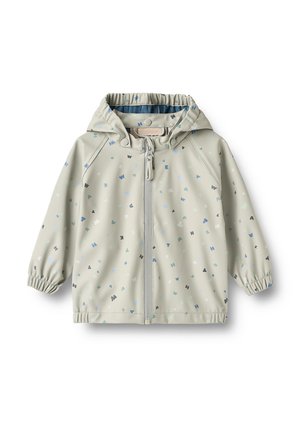 Giacca antipioggia per bambini di colore grigio chiaro con cappuccio, zip frontale completa, polsini elastici e piccoli motivi a lettere sparse in blu, nero e verde menta.