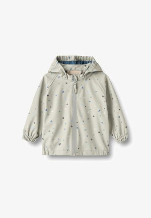 Giacca antipioggia per bambini di colore grigio chiaro con cappuccio, zip frontale completa, polsini elastici e piccoli motivi a lettere sparse in blu, nero e verde menta.