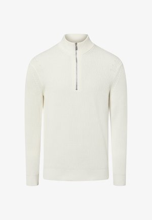 Witte gebreide trui met een hoge hals en halve ritssluiting. Voorzien van een geribbelde textuur, lange mouwen en een aansluitend silhouet.