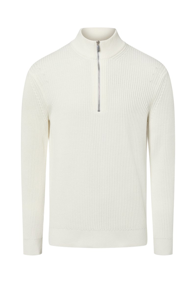 Pull-over en maille blanche avec col montant et fermeture à demi-zip. Présente une texture côtelée, des manches longues et une silhouette ajustée.