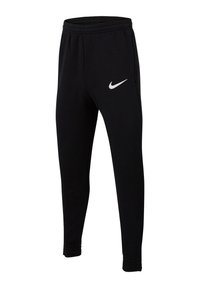 Schwarze Nike-Sweatpants aus weichem Stoff, mit einem elastischen Bund, gerippten Knöchelbündchen und einem kontrastierenden weißen Logo auf der linken Seite.