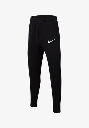 Schwarze Nike-Sweatpants aus weichem Stoff, mit einem elastischen Bund, gerippten Knöchelbündchen und einem kontrastierenden weißen Logo auf der linken Seite.