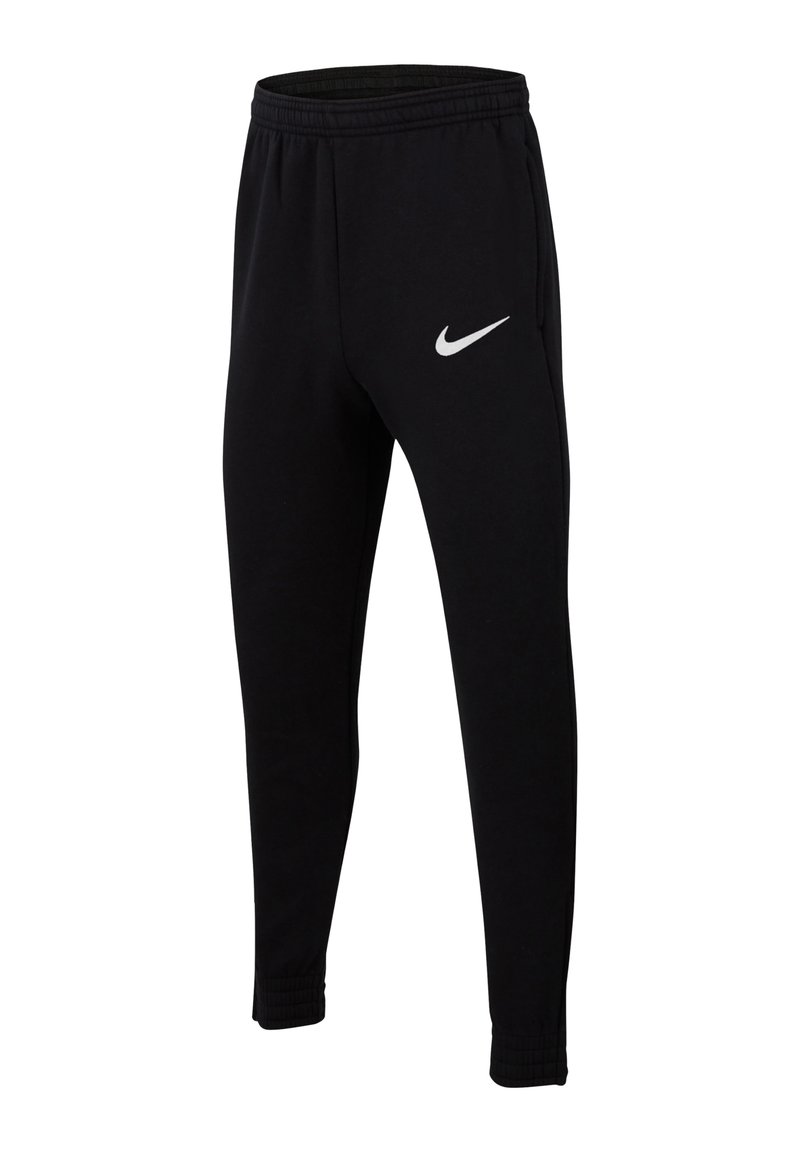 Schwarze Nike-Sweatpants aus weichem Stoff, mit einem elastischen Bund, gerippten Knöchelbündchen und einem kontrastierenden weißen Logo auf der linken Seite.