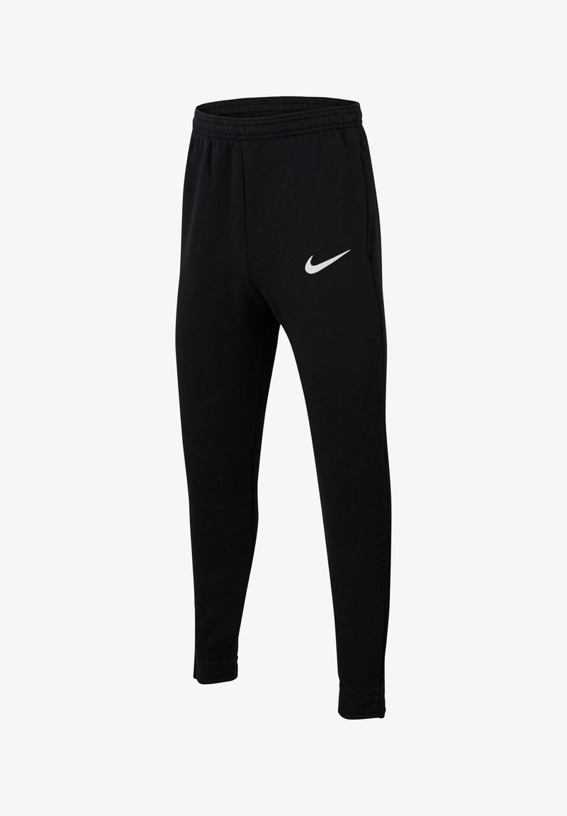 Schwarze Nike-Sweatpants aus weichem Stoff, mit einem elastischen Bund, gerippten Knöchelbündchen und einem kontrastierenden weißen Logo auf der linken Seite.