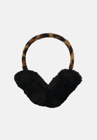 Collare in finta pelliccia nera con fascia in stampa leopardata. La morbida texture e il design a V creano un accessorio accogliente. Ideale per l'abbigliamento in climi freddi.