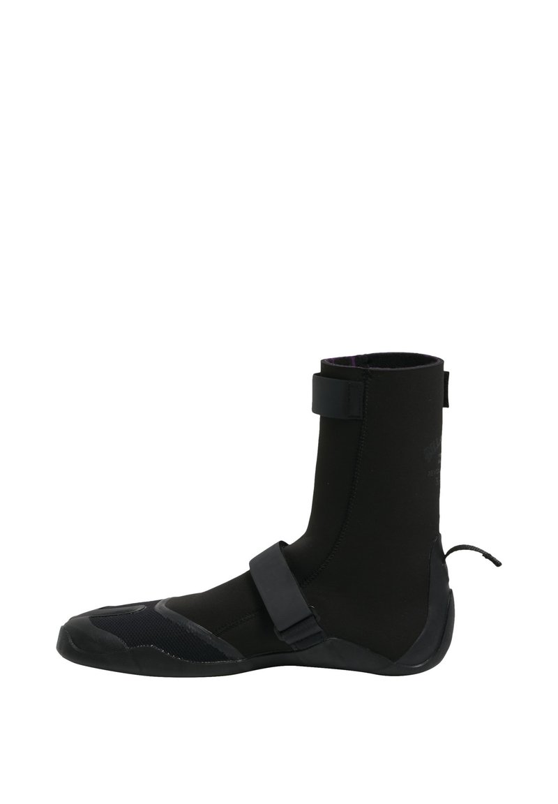 Neoprene boot in black with a fitted design, featuring a strap across the ankle for security, and textured sole for grip.