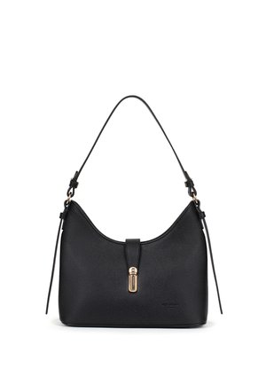 Sac à bandoulière en cuir noir avec fermoir doré à l'avant et bandoulière réglable, présenté sur fond blanc.