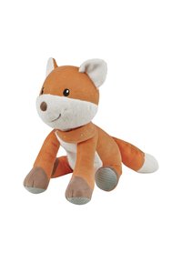 Orange and white plush fox toy with soft fabric, corduroy body, and smooth accents. Features a smiling face, floppy ears, and beige paws.