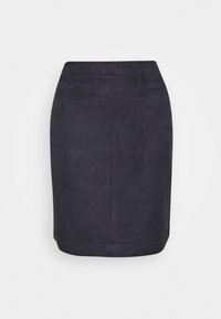 Donker marineblauwe knie-lange pencil skirt met subtiele naaddetails en een aangesloten tailleband op een witte achtergrond.