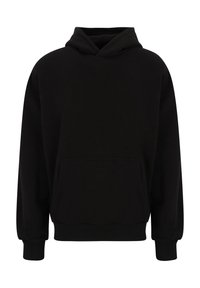 Sudadera con capucha negra y bolsillo canguro, con puños y dobladillo acanalados, exhibida sobre un fondo blanco liso.