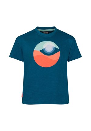 Blue short-sleeve children's t-shirt with a circular abstract design in light blue, dark blue, and orange on the front.