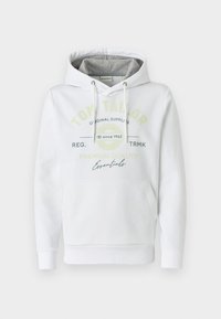 Weißer Hoodie aus weichem Material mit einer Fronttasche, featuring einer grau gefütterten Kapuze und dem aufgedruckten Markenlogo in Grün und Schwarz.