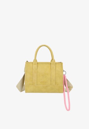 Gelbe Lederhandtasche mit zwei oberen Griffen, abnehmbarem rosa Gurt und Reißverschluss. Verfügt über ein geprägtes Logo und ein strukturiertes rechteckiges Design.
