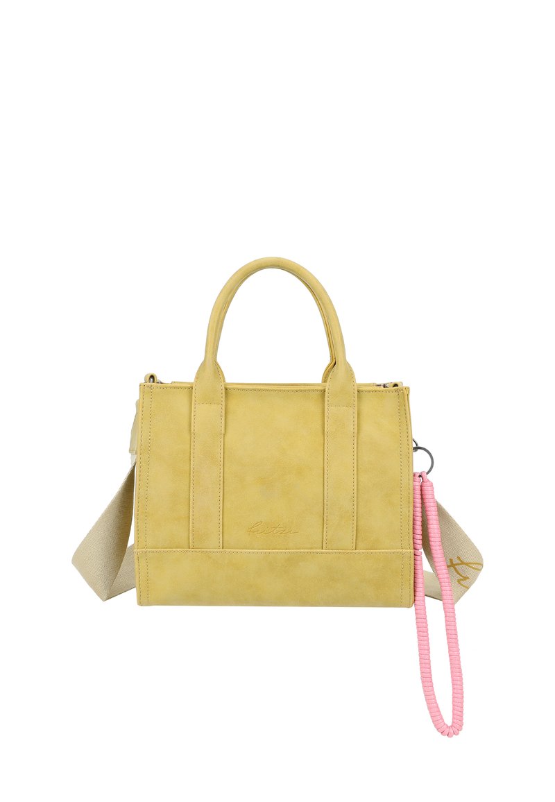 Gelbe Lederhandtasche mit zwei oberen Griffen, abnehmbarem rosa Gurt und Reißverschluss. Verfügt über ein geprägtes Logo und ein strukturiertes rechteckiges Design.