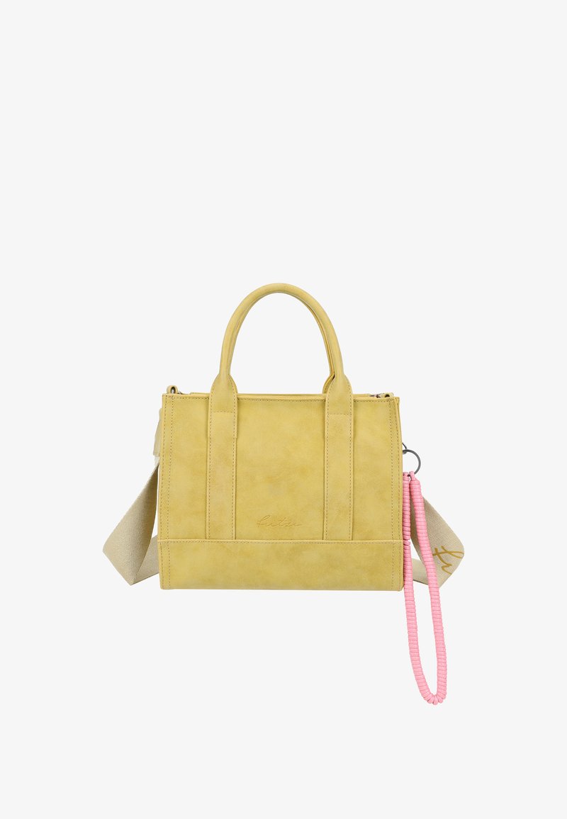 Sac à main en cuir jaune avec deux anses supérieures, une bandoulière rose amovible et une fermeture éclair. Présente un logo embossé et un design rectangulaire structuré.