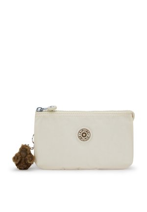 Beige rectangular zippered pouch with round Kipling logo and small brown plush monkey keychain attached to zipper pull.