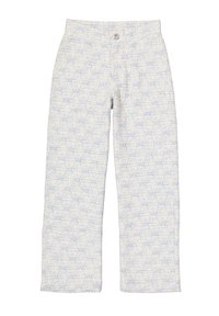 Pantalon à motifs blancs et bleu clair avec une coupe droite, comportant une fermeture à bouton et un tissu texturé.