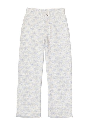 Weiße und hellblaue gemusterte Hosen mit geradem Bein, featuring einen Knopfverschluss und strukturiertem Stoff.