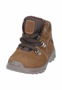 Bota de ante marrón con parte superior de tela marrón texturizada, suela de goma gris, ojales de metal y cordones marrones. Presenta un collar acolchado para mayor comodidad.