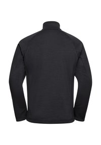 Felpa nera con colletto alto, maniche lunghe, design raglan e texture liscia. Non presenta loghi o motivi visibili.