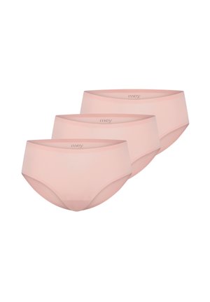 Tre paia di slip femminili in morbido tessuto rosa, con una texture liscia e un design senza cuciture, arricchiti da un logo discreto sulla vita.