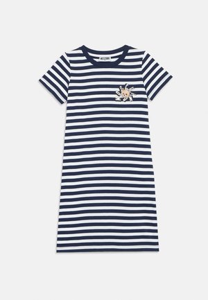 Rochie tip tricou cu dungi albastre și albe, cu mâneci scurte. Prezintă un mic imprimeu cu ursuleț pe buzunarul de la piept. Material moale din bumbac.