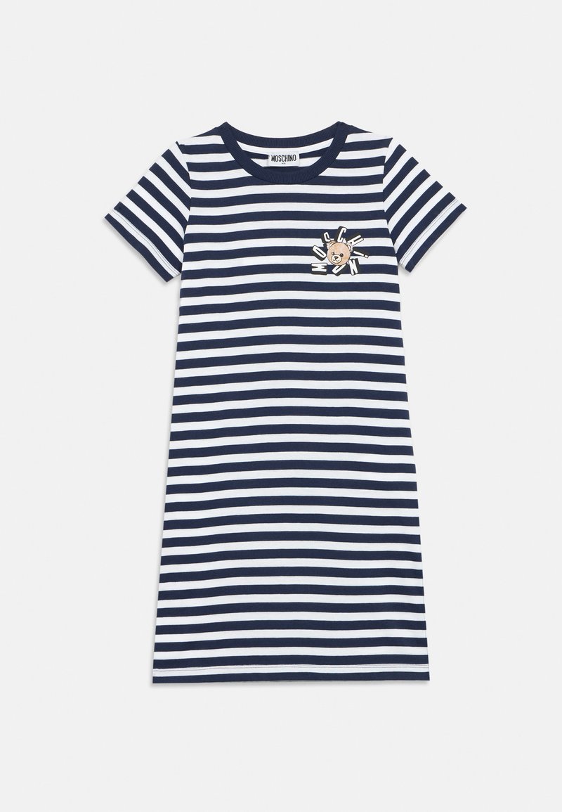 Φόρεμα t-shirt με ρίγες σε ναυτικό μπλε και λευκό, με κοντά μανίκια. Διακοσμημένο με ένα μικρό γραφικό αρκούδας στην τσέπη στο στήθος. Κατασκευασμένο από απαλό βαμβακερό υλικό.