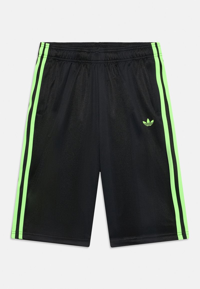 Juodos sportinės šortai su neoninės žalios spalvos šoninėmis juostelėmis ir mažuoju logotipu. Pagaminti iš sklandžios, lengvos medžiagos, turinčios subtilų tekstūrą.