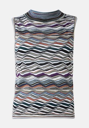 Top sans manches avec un motif ondulé multicolore dans des nuances de bleu, noir, violet et orange, confectionné à partir d'un tissu texturé.