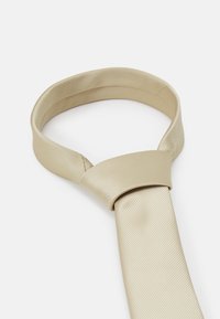 Cravate beige en tissu lisse, dotée d'une texture à nervures diagonales discrètes. Elle présente un design classique avec une pointe aigüe.