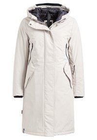 Harmaanbeige vedenpitävä takki, jossa on huppu, vetoketjullinen etuosa, sivutaskut ja kontrastivärinen musta vuori. Sujuva rakenne, jossa on istuva muotoilu.